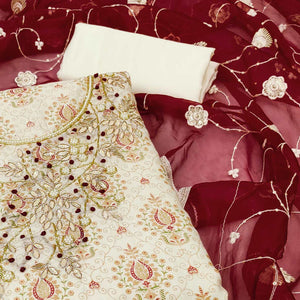 Off White & Maroon Printed Chanderi Silk Dress Material
