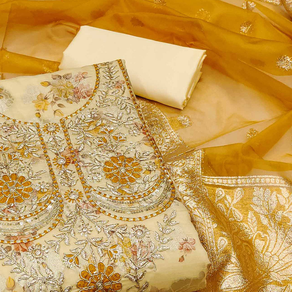 Cream Floral Woven Banarasi Silk Dress Material