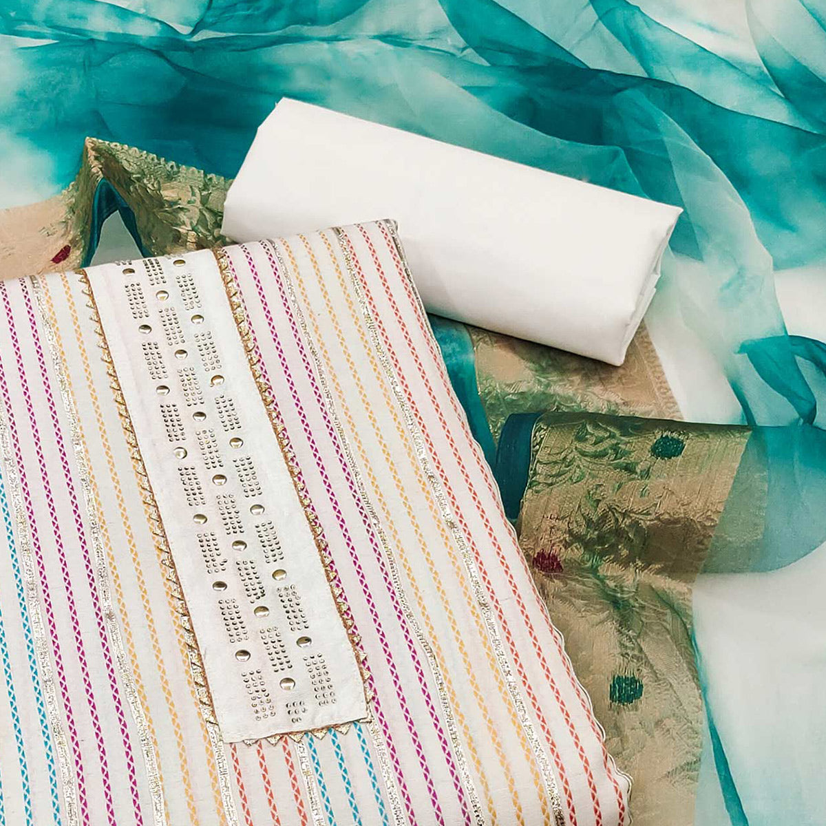 White Striped Woven Pure Cotton Dress Material