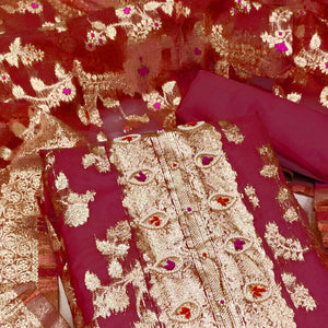 Maroon Woven Organza Dress Material