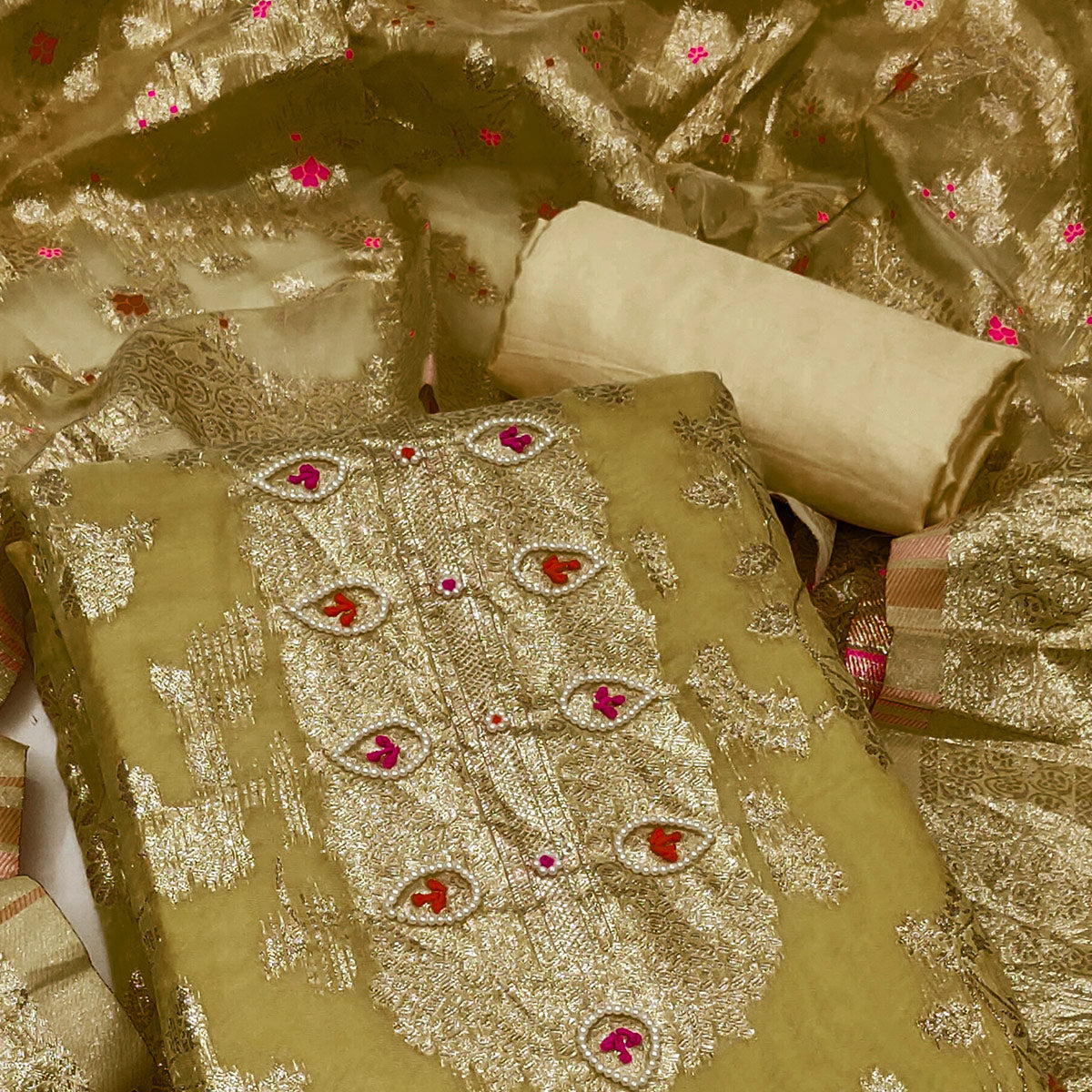 Olive Green Woven Organza Dress Material