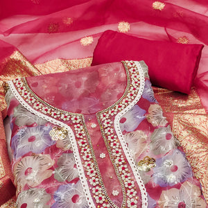 Pink Floral Printed With Embroidered Organza Dress Material