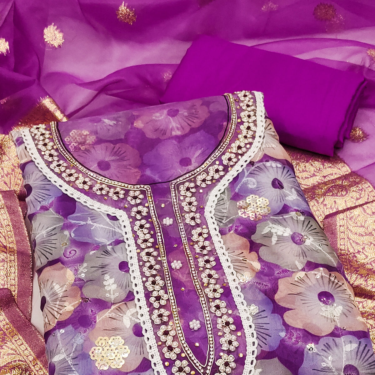 Purple Floral Printed With Embroidered Organza Dress Material