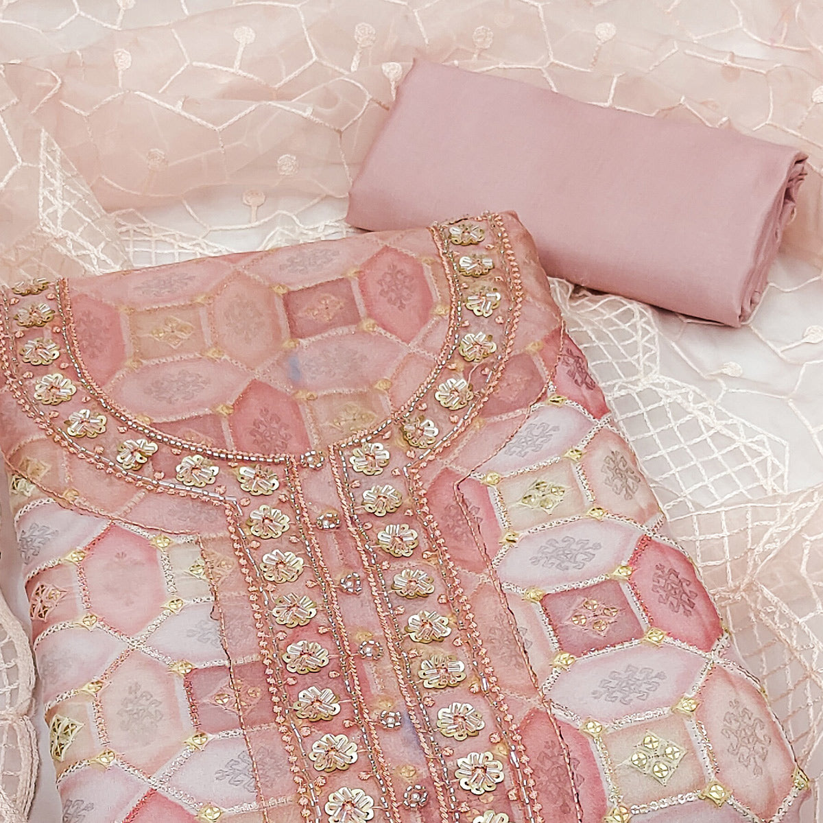 Peach Sequins Embroidered Organza Dress Material