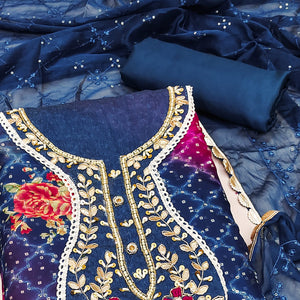 Blue & Pink Sequins Embroidered Organza Dress Material