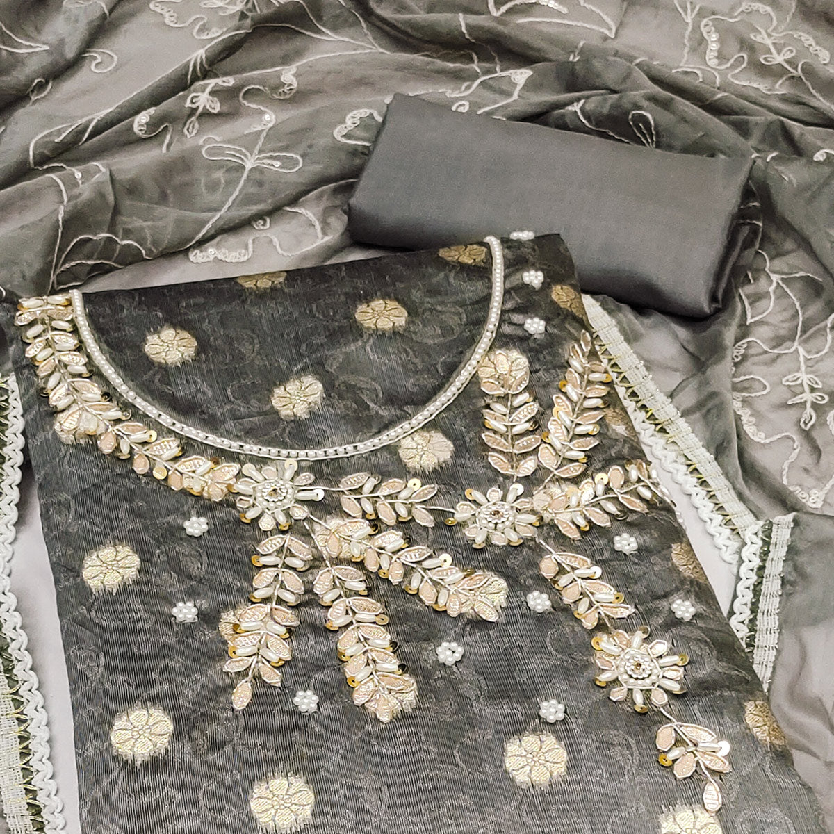 Grey Woven Banarasi Silk Dress Material