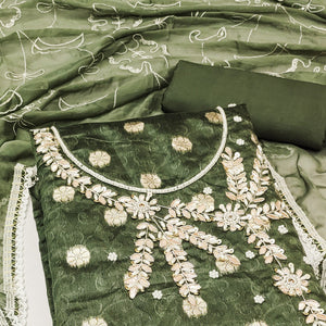 Mehandi Green Woven Banarasi Silk Dress Material