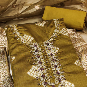 Olive Green Woven Banarasi Silk Dress Material