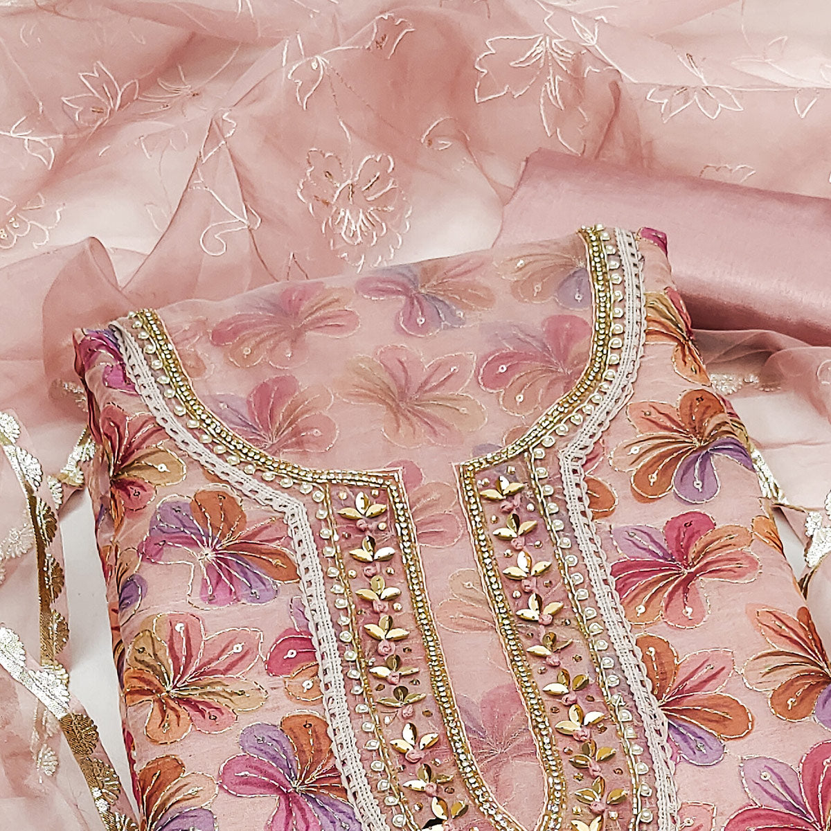 Light Mauve Sequins Embroidered Organza Dress Material