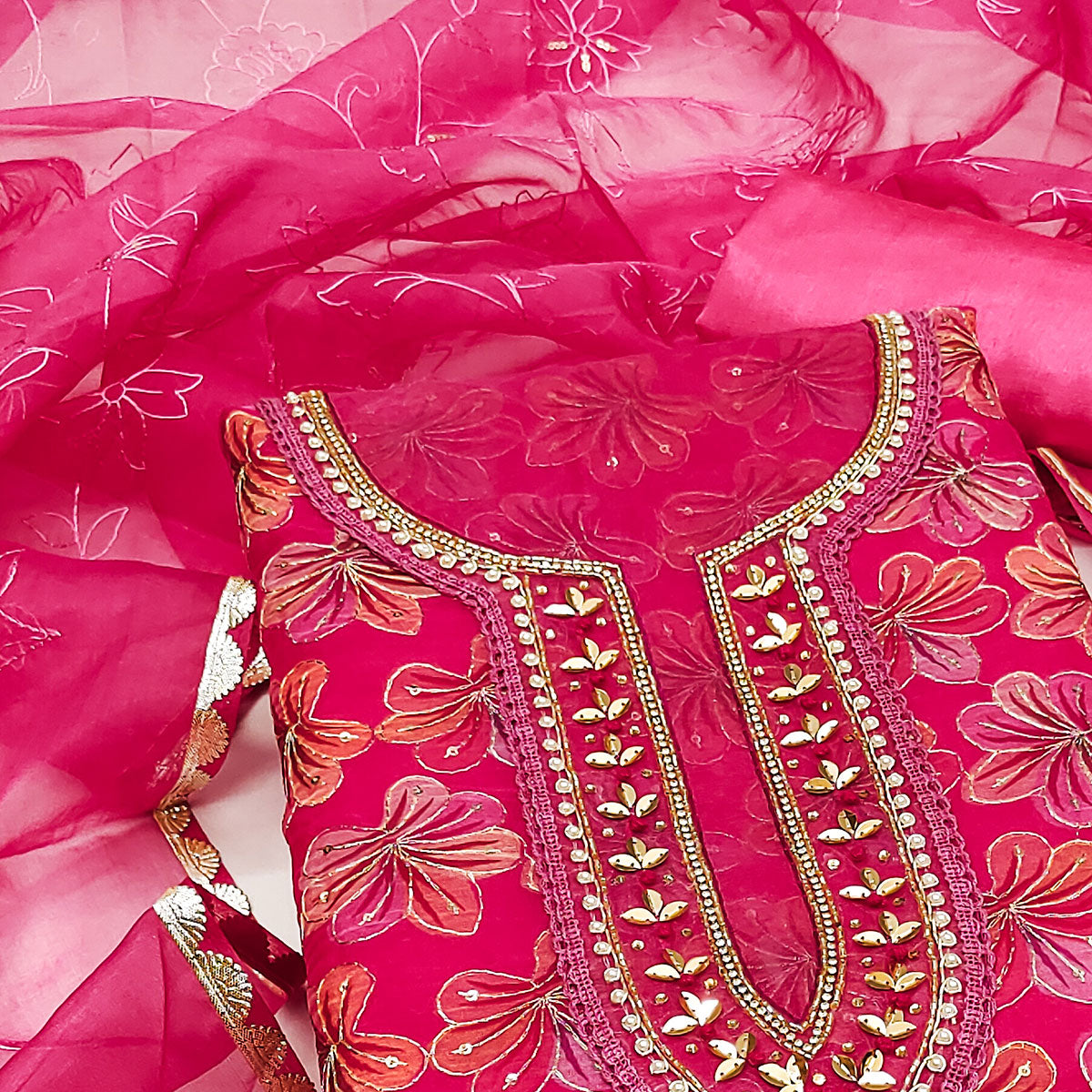 Pink Sequins Embroidered Organza Dress Material