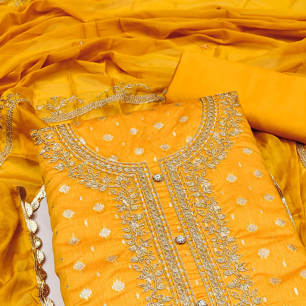 Yellow Woven Chanderi Silk Dress Material