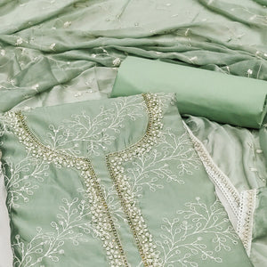 Dusty Green Embroidered Cotton Blend Dress Material