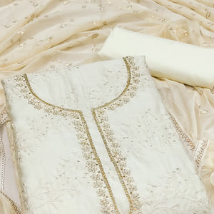 Off White Embroidered Cotton Blend Dress Material