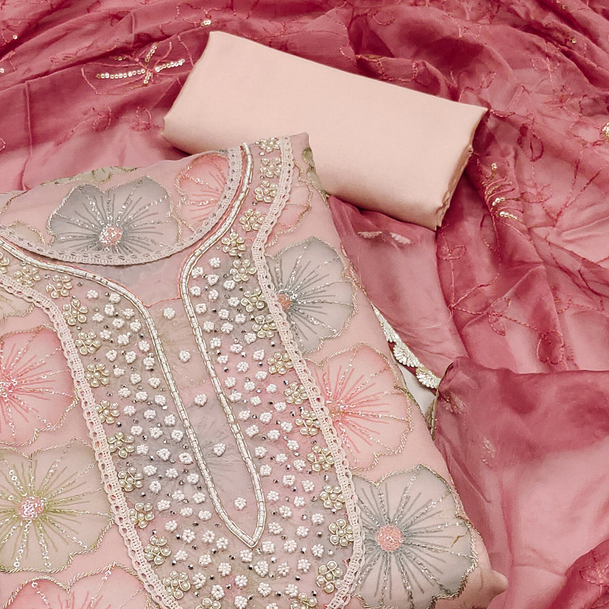 Peach Floral Hand Embroidered Organza Dress Material