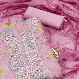 Pink Floral Hand Embroidered Organza Dress Material