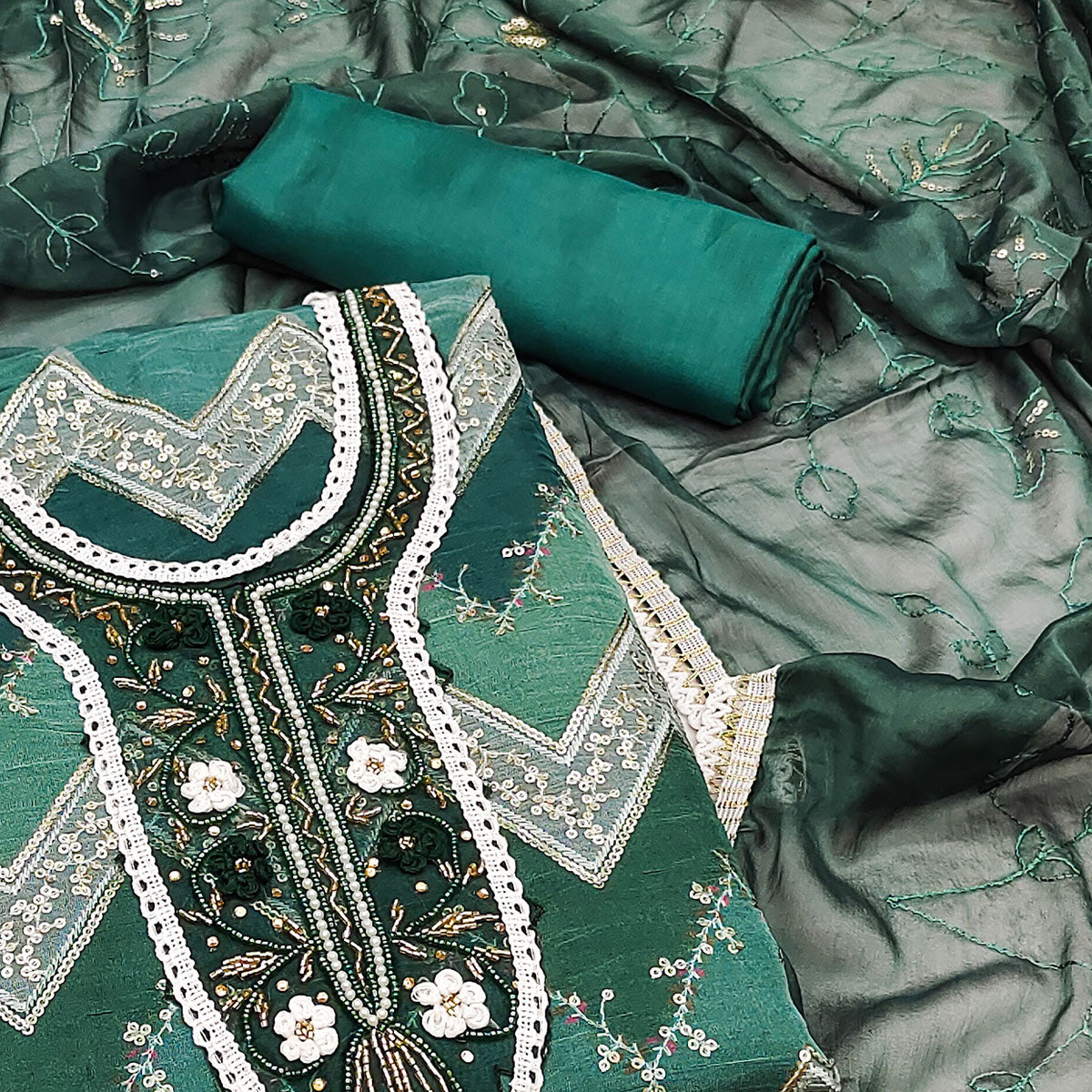 Green Sequins Embroidered With Handwork Organza Dress Material