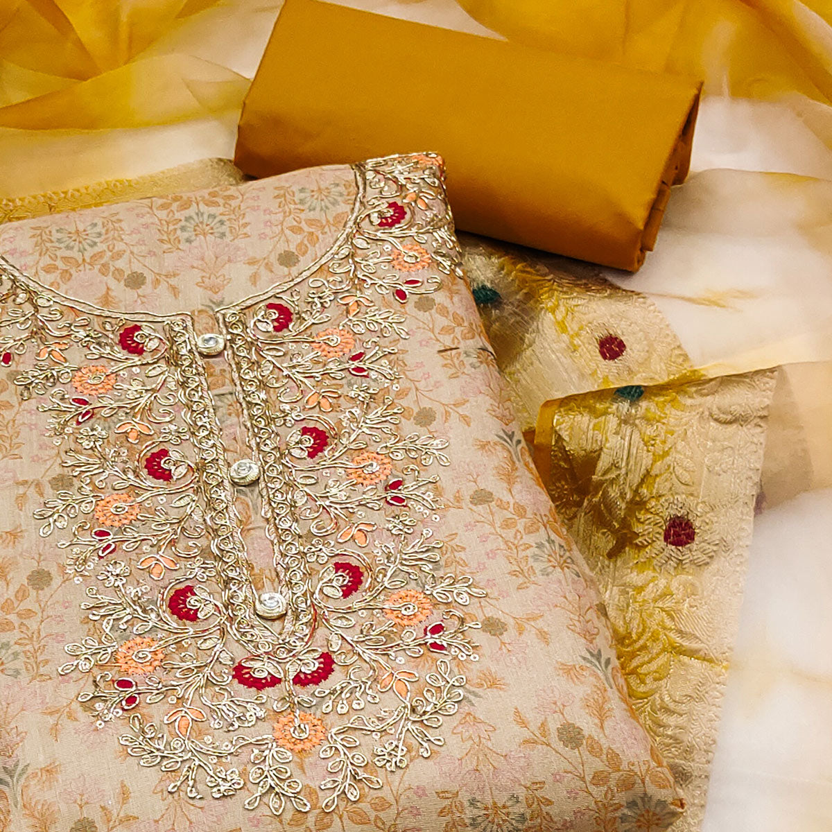 Beige & Mustard Floral Digital Printed With Embroidery Viscose Dress Material