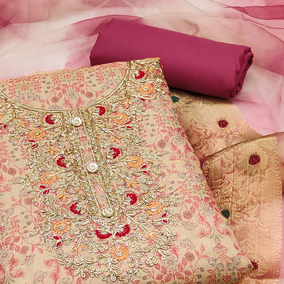Beige & Pink Floral Digital Printed With Embroidery Viscose Dress Material