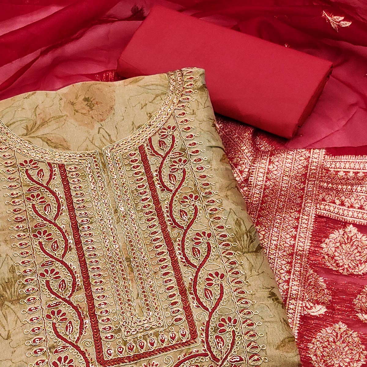 Chikoo Floral Digital Printed With Embroidery Viscose Dress Material