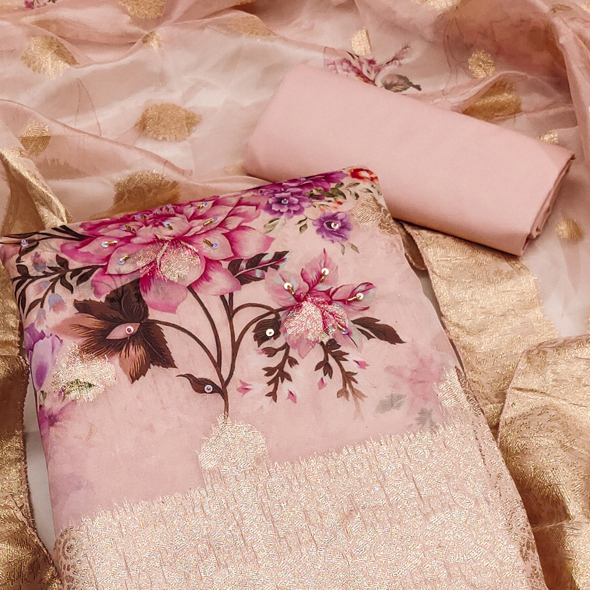 Peach Woven With Digital Printed Organza Dress Material