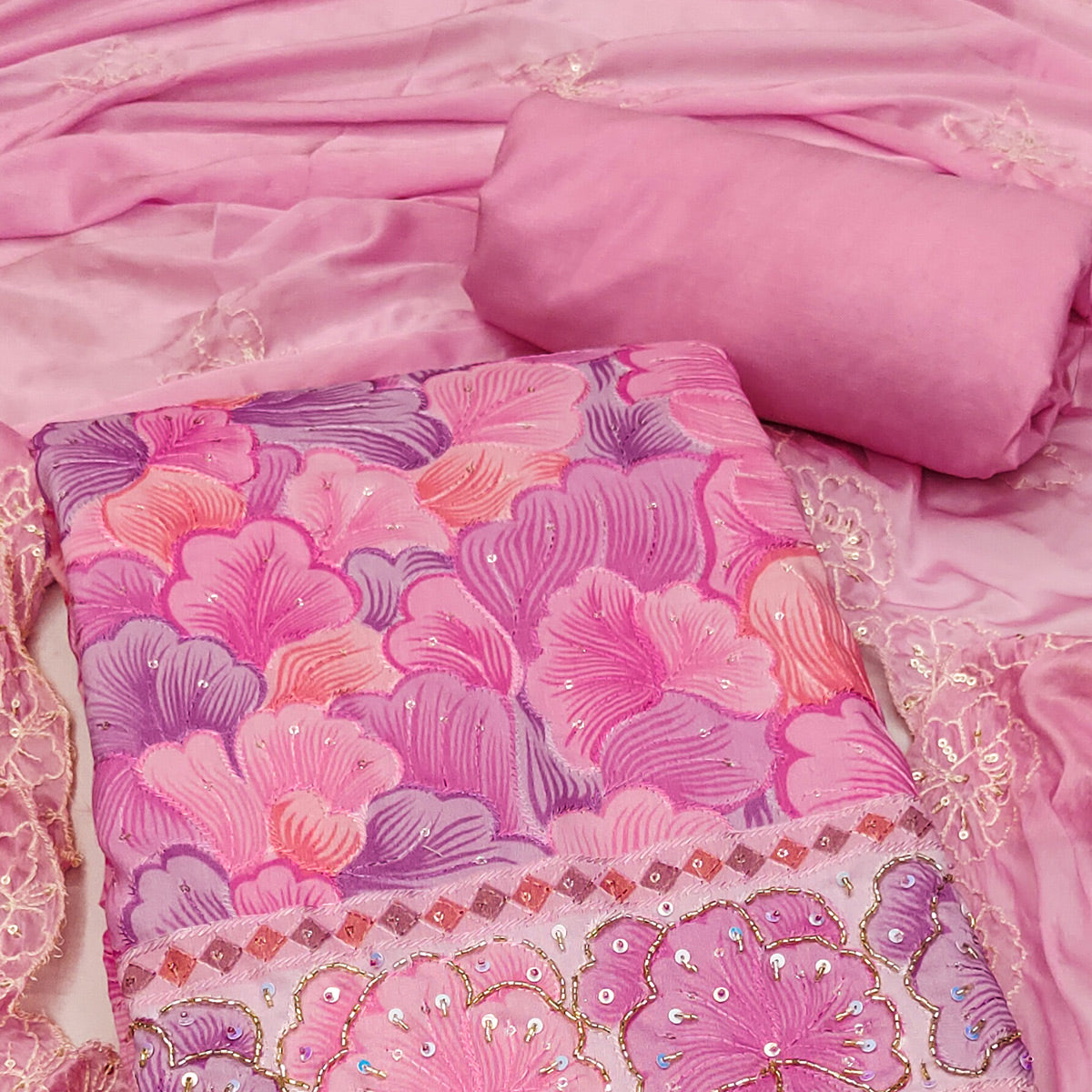 Pink Floral Embroidery With Printed Muslin Dress Material
