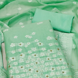 Sea Green Floral Woven With Hand Embroidered Muslin Dress Material