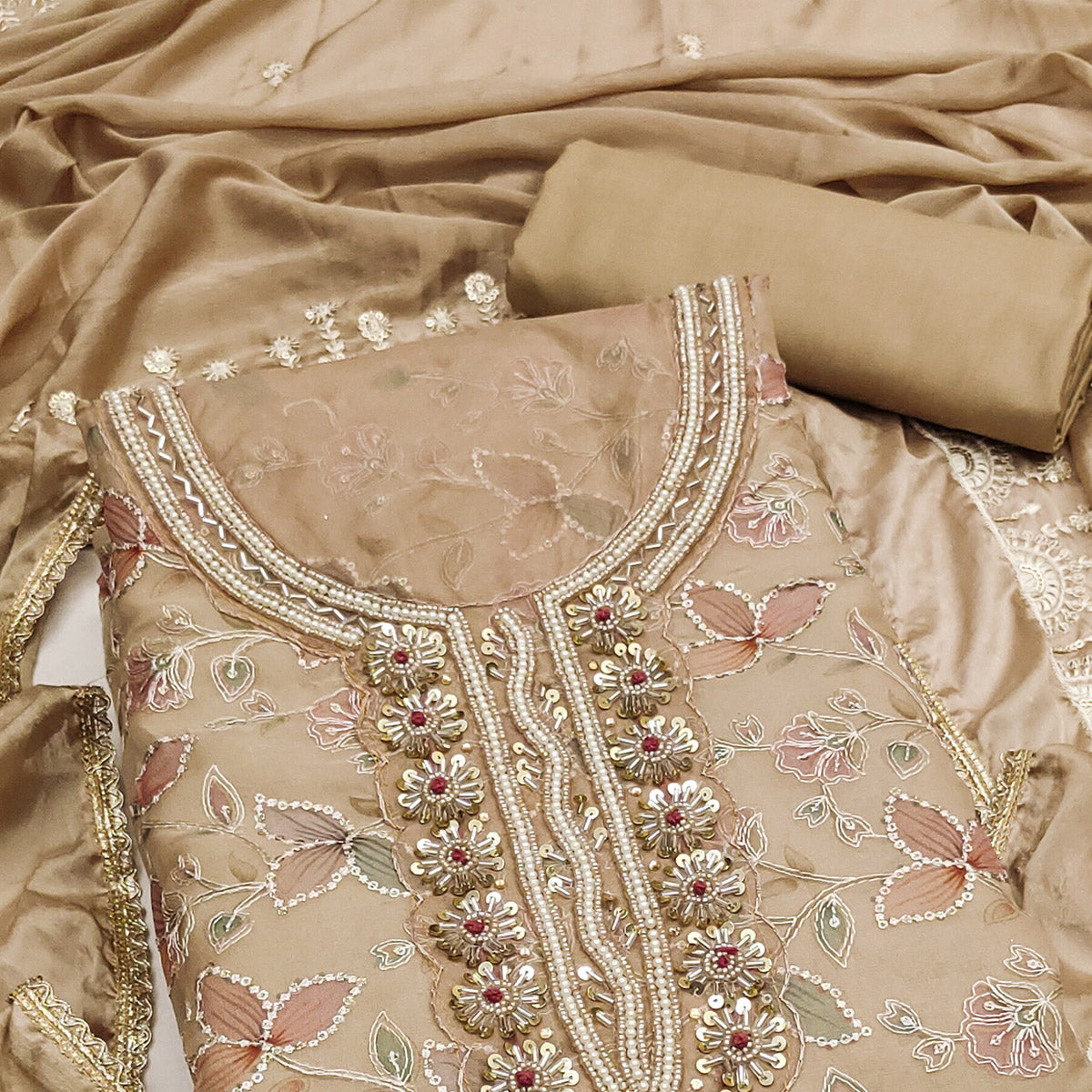 Chikoo Floral Hand Embroidered Organza Dress Material