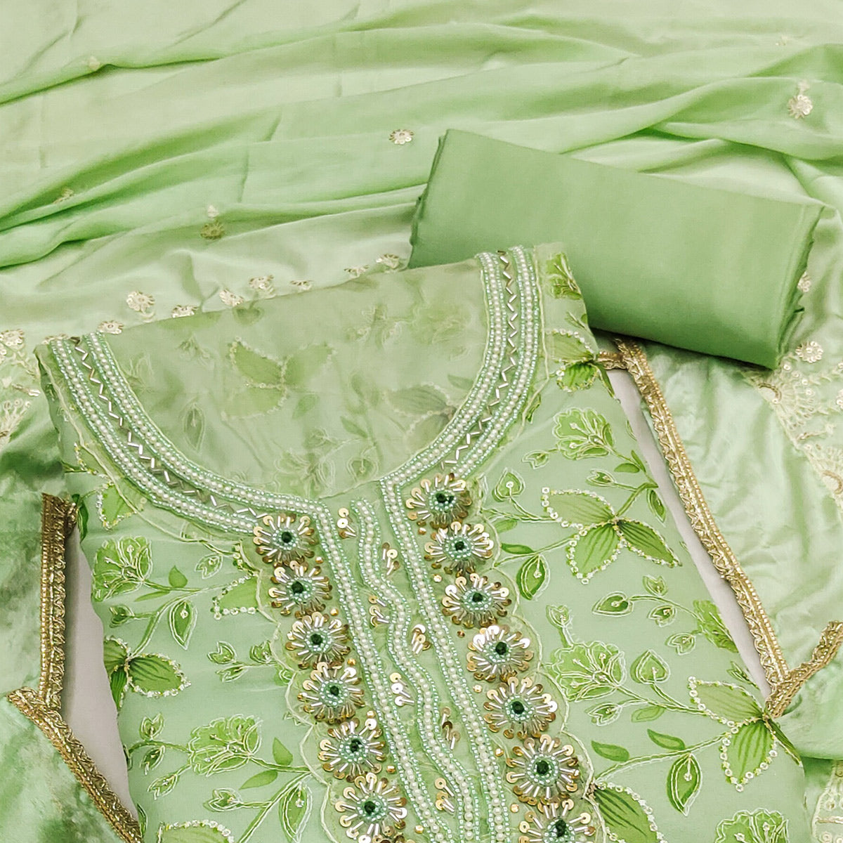 Green Floral Hand Embroidered Organza Dress Material