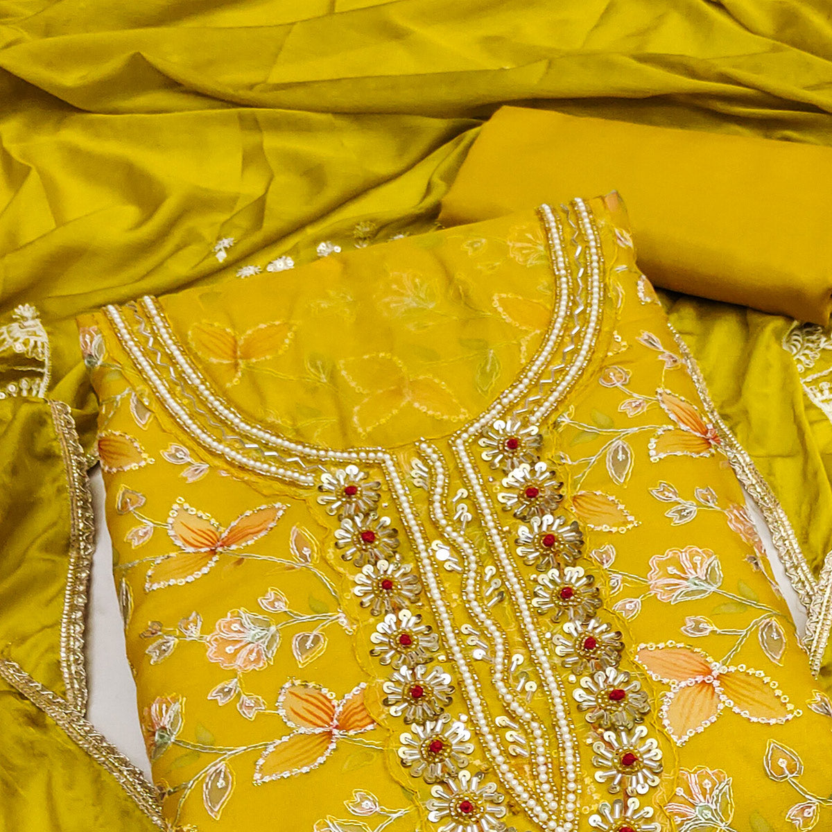 Mustard Floral Hand Embroidered Organza Dress Material