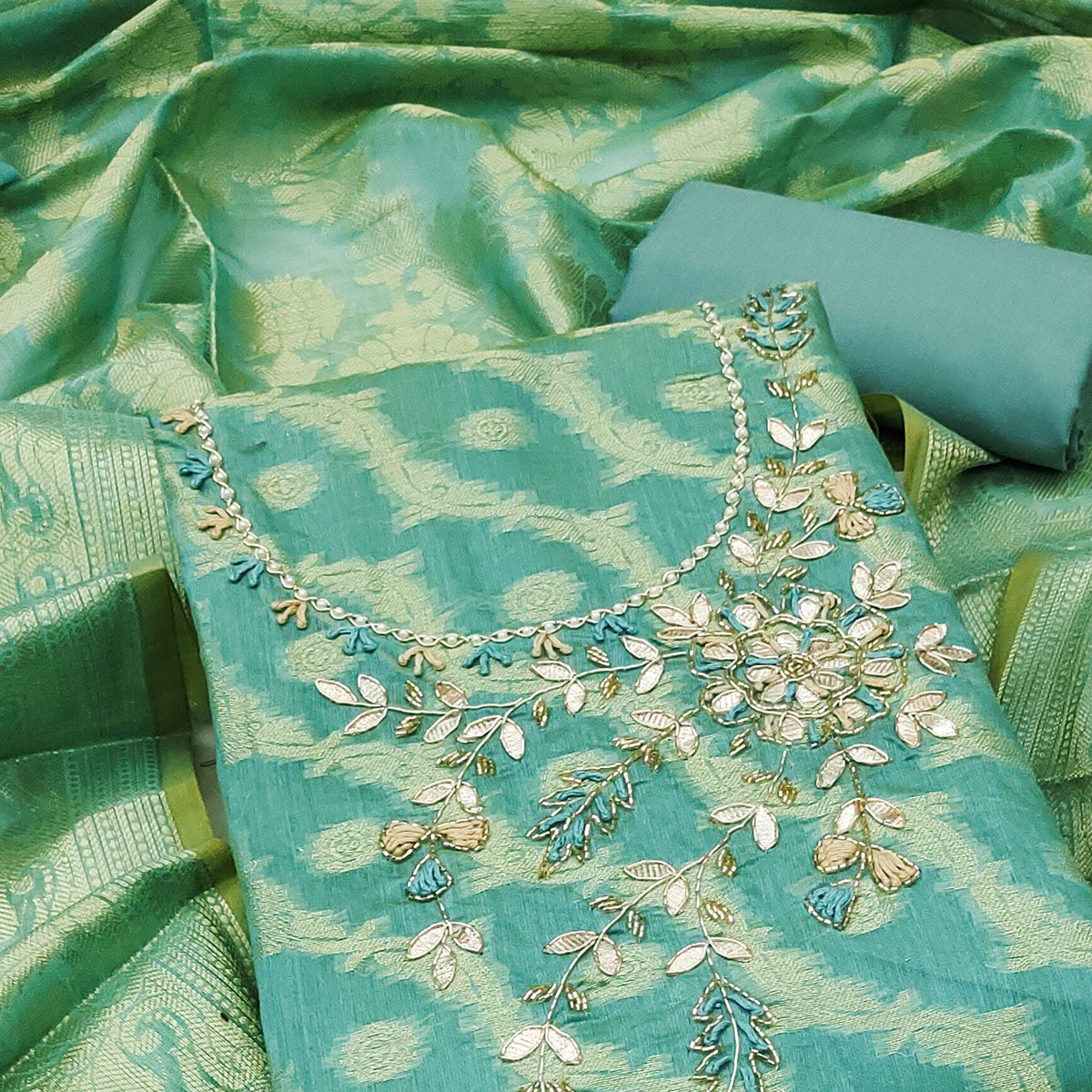 Turquoise Woven With Hand Embroidered Chanderi Silk Dress Material