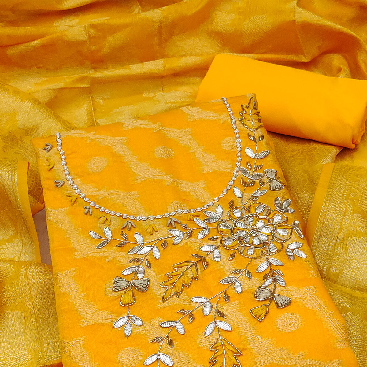 Yellow Woven With Hand Embroidered Chanderi Silk Dress Material