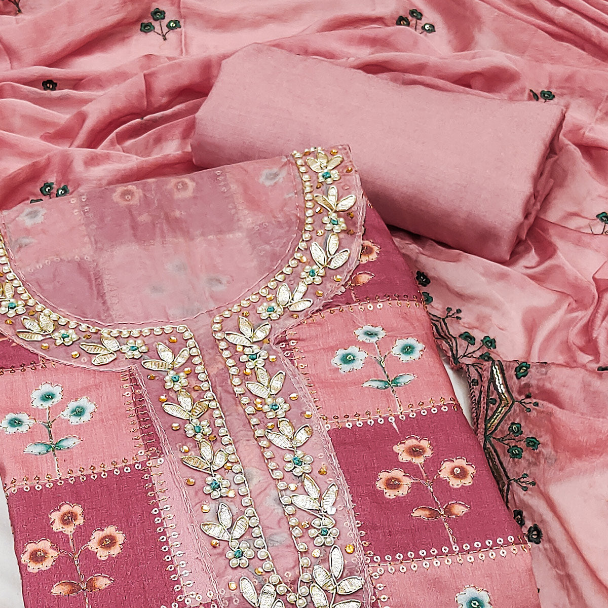 Peach Floral Hand Embroidered Muslin Dress Material