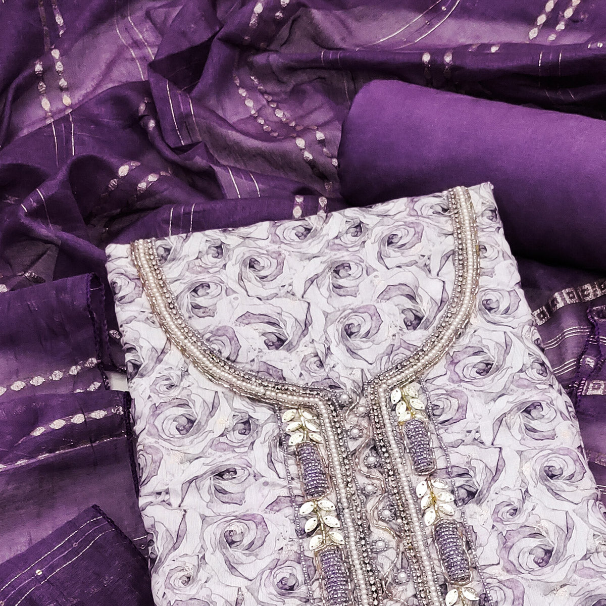 Purple Digital Printed With Hand Embroidered Muslin Dress Material
