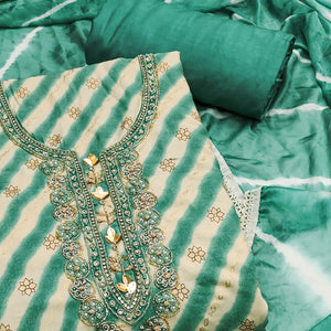 Green Printed With Hand Embroidered Pure Cotton Dress Material