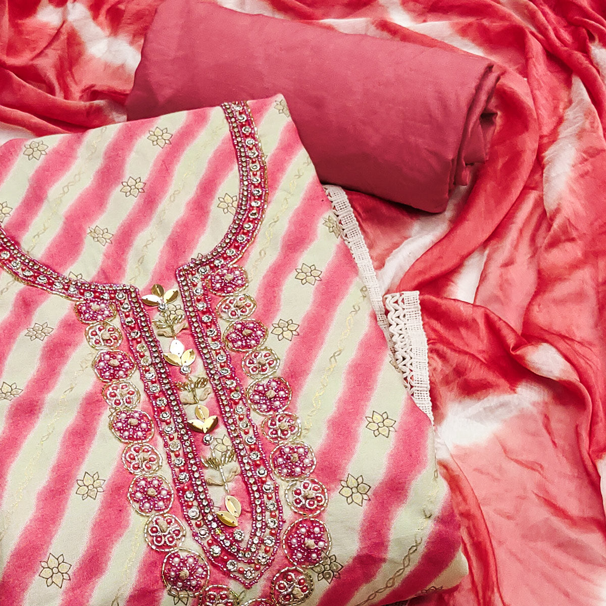 Pink Printed With Hand Embroidered Pure Cotton Dress Material
