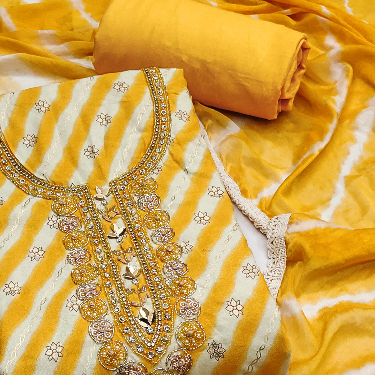 Yellow Printed With Hand Embroidered Pure Cotton Dress Material