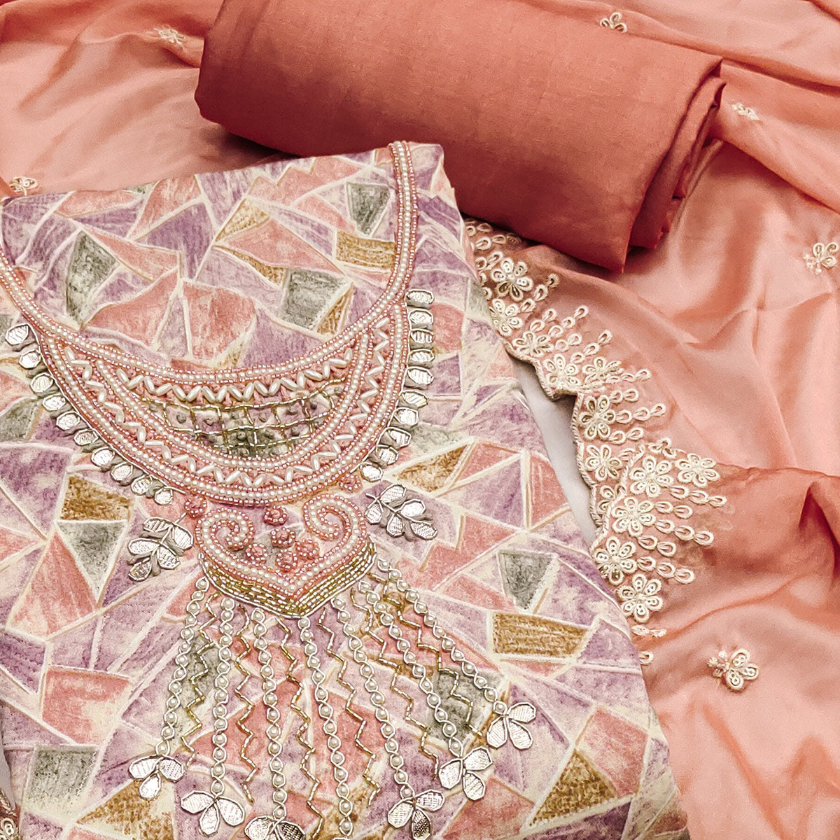Peach Geometric Printed With Handwork Pure Cotton Dress Material