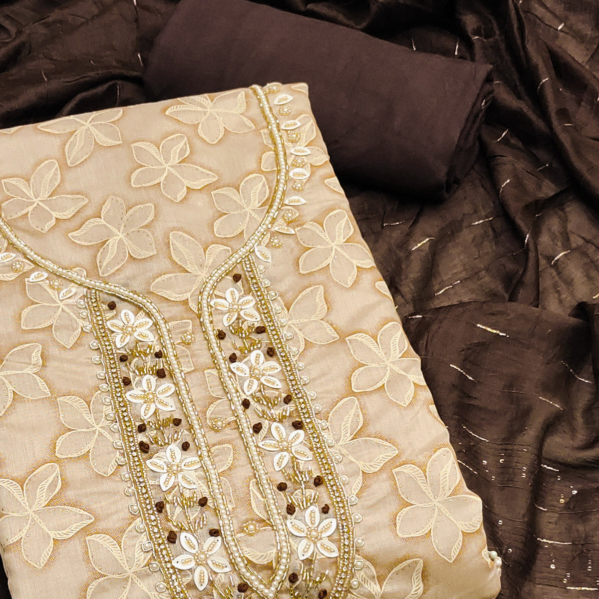 Beige Floral Printed With Hand Embroidery Chanderi Dress Material