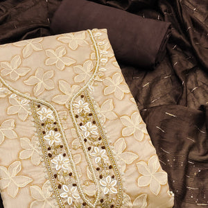 Beige Floral Printed With Hand Embroidery Chanderi Dress Material