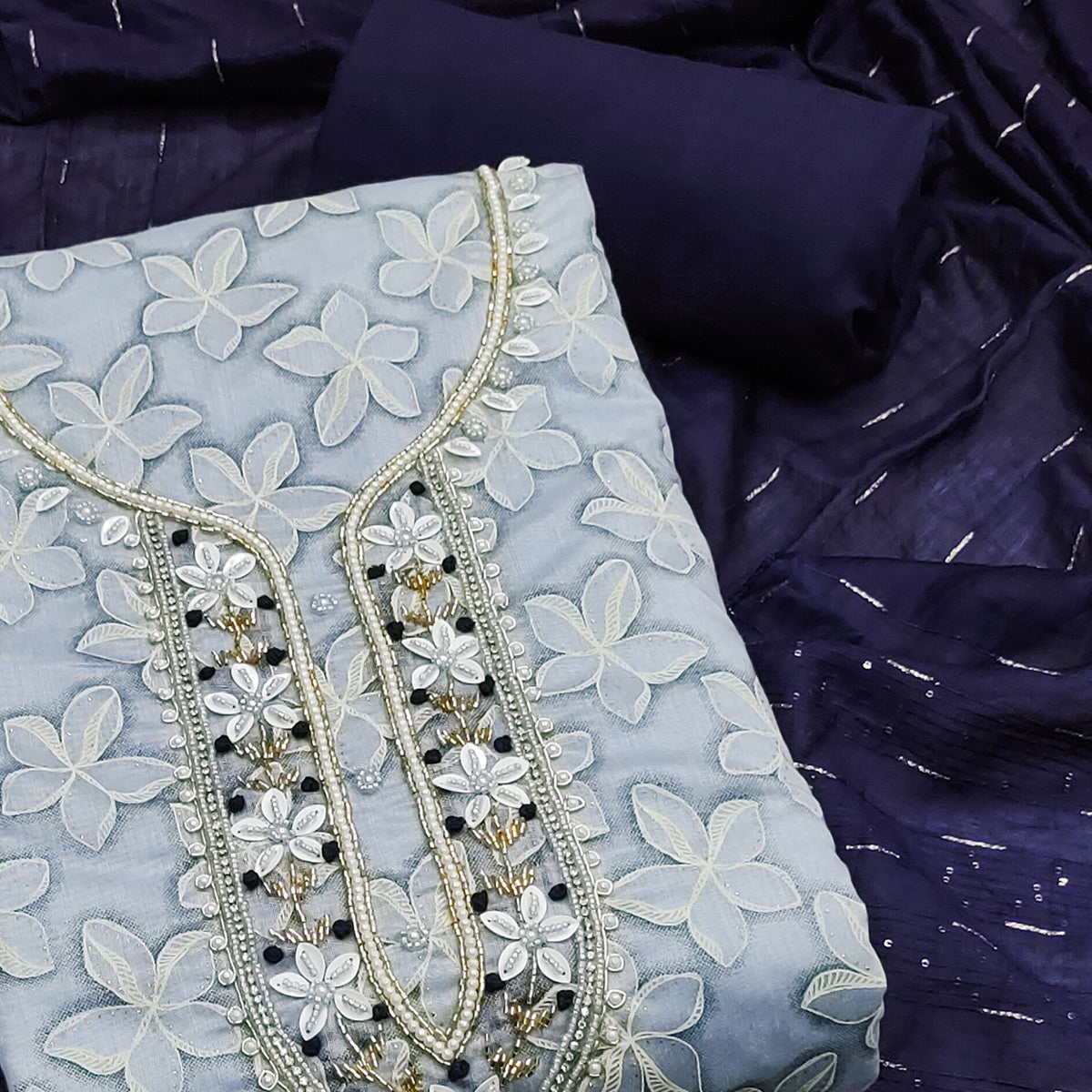 Blue Floral Printed With Hand Embroidery Chanderi Dress Material