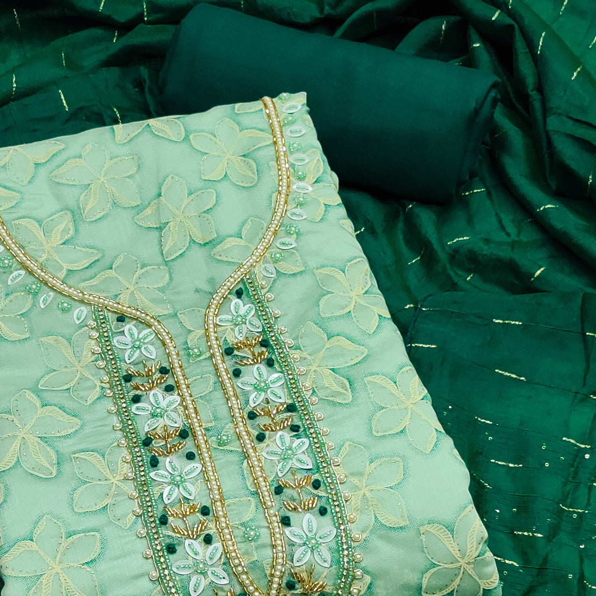 Green Floral Printed With Hand Embroidery Chanderi Dress Material
