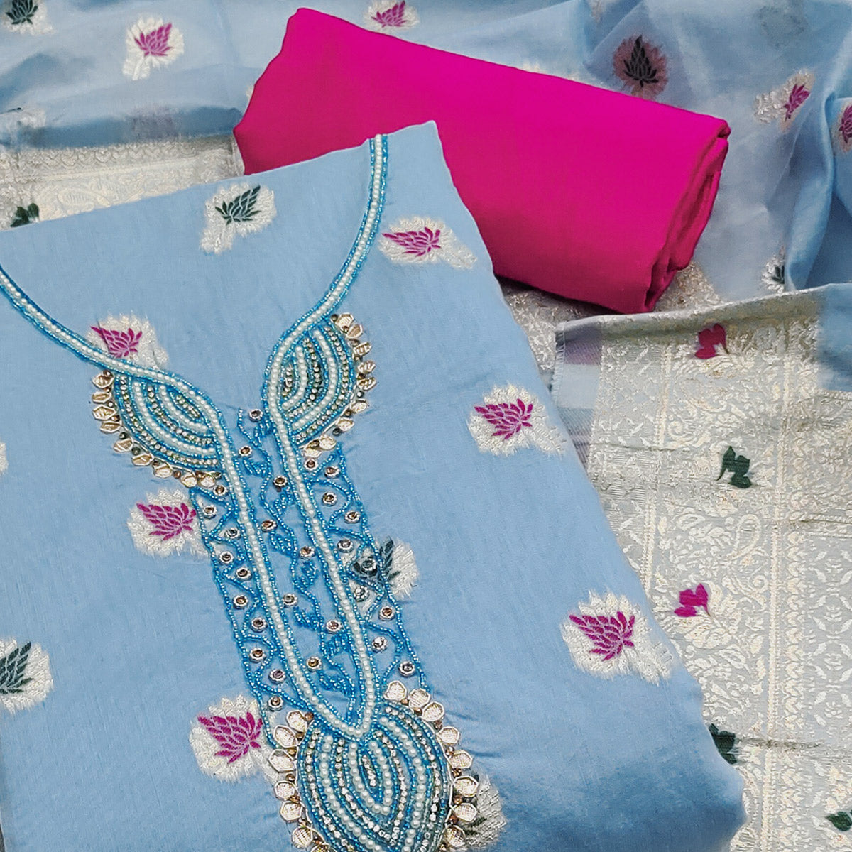 Blue Woven With Handwork Muslin Dress Material