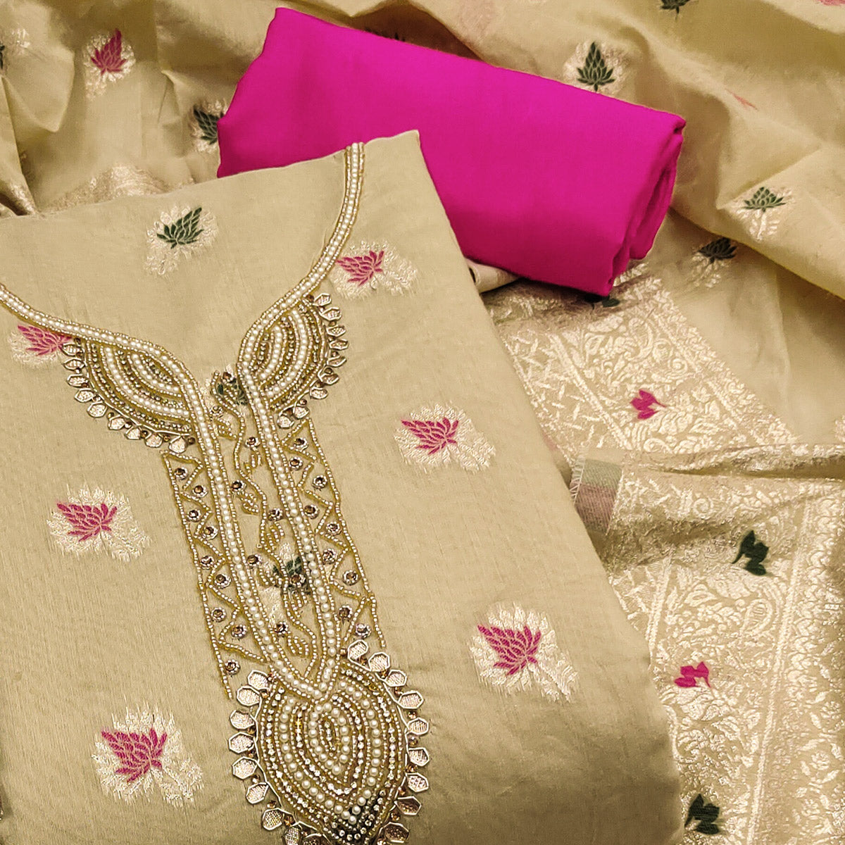 Chikoo Woven With Handwork Muslin Dress Material