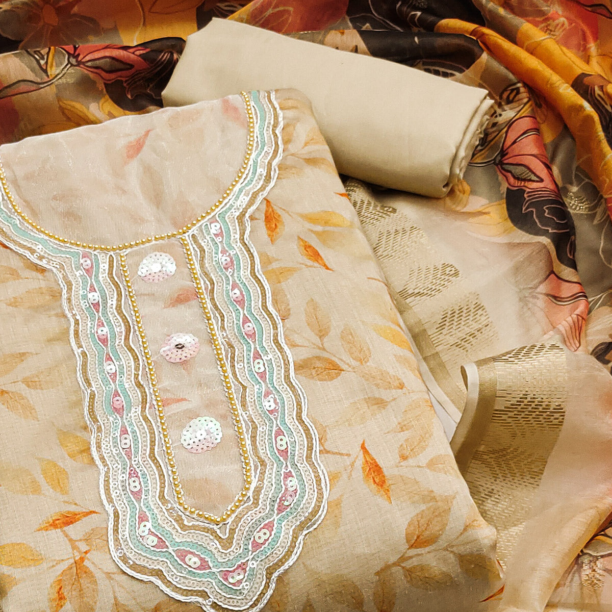 Chikoo Printed With Sequins Embroidered Chanderi Dress Material