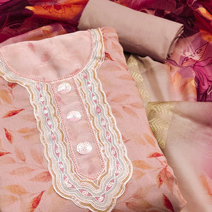 Peach Printed With Sequins Embroidered Chanderi Dress Material