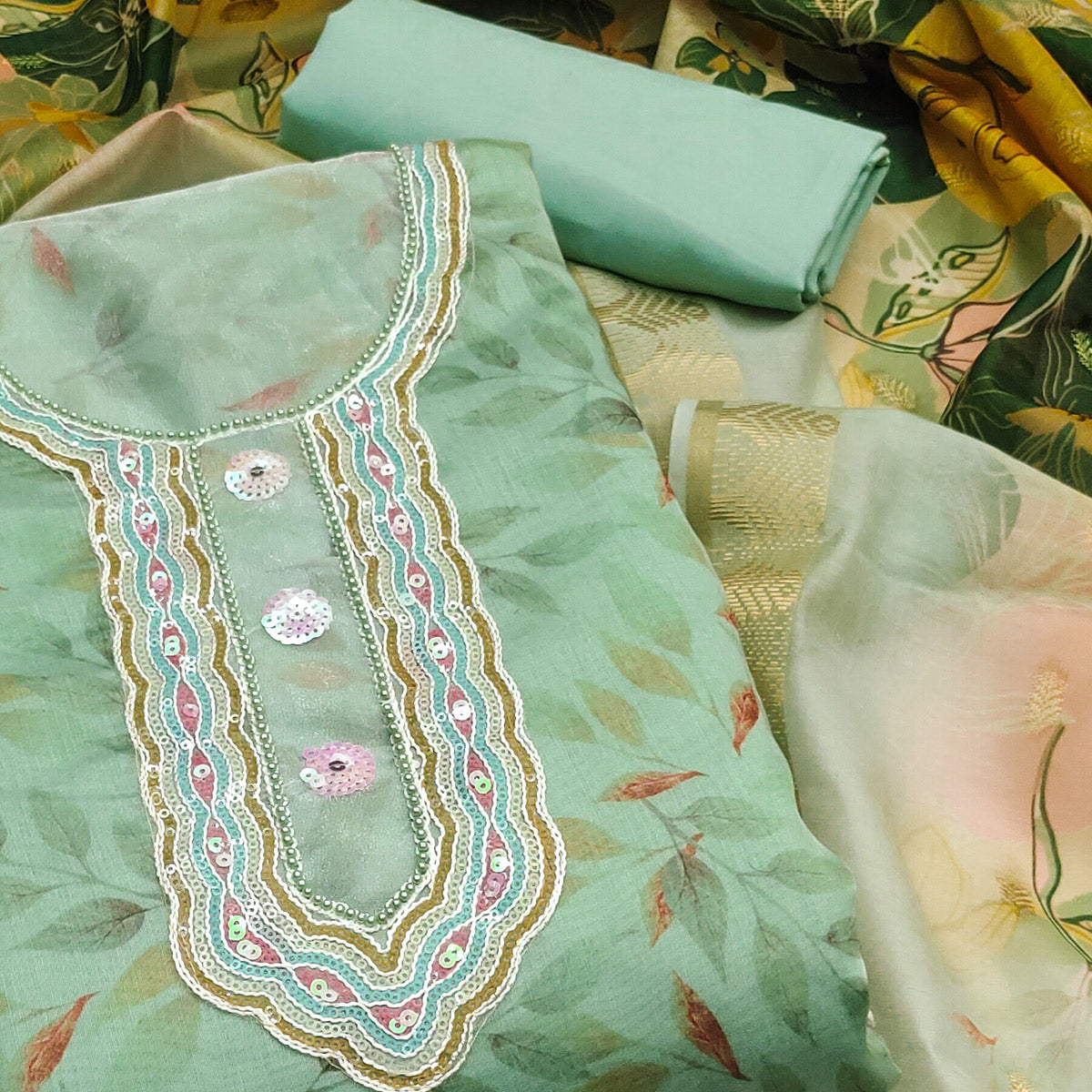 Sea Green Printed With Sequins Embroidered Chanderi Dress Material