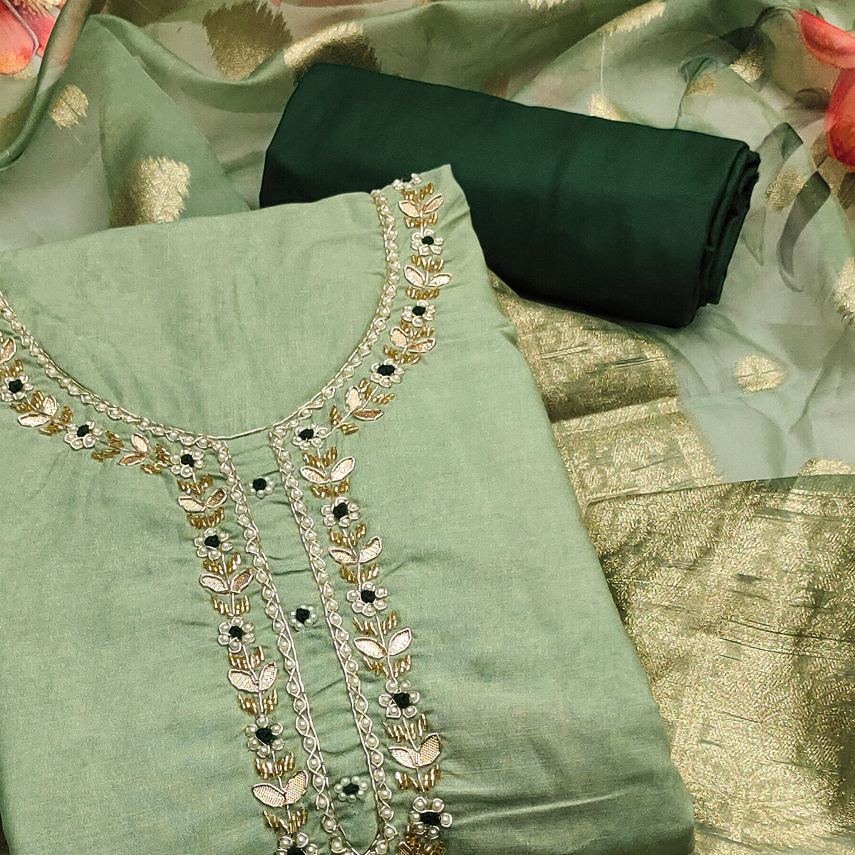 Green Floral Digital Printed With Handwork Pure Cotton Dress Material