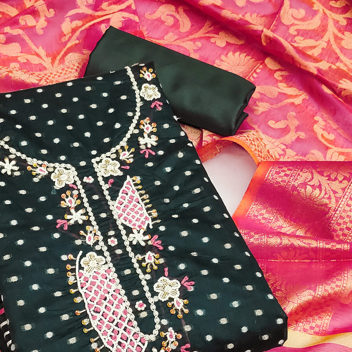 Bottle Green Woven With Hand Embroidery Chanderi Dress Material