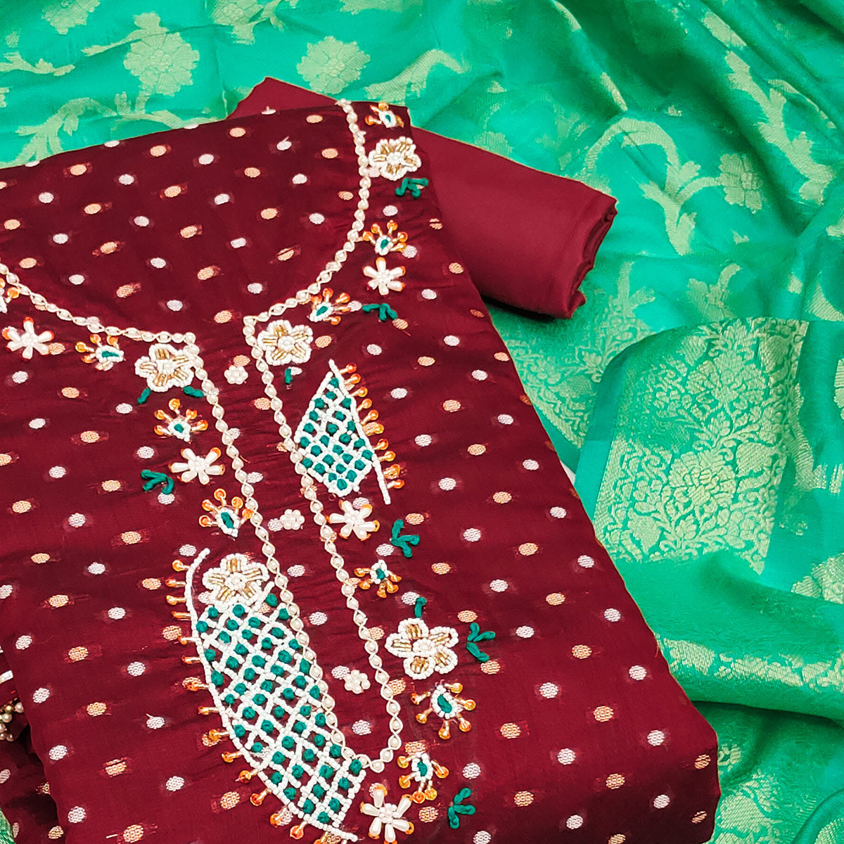Maroon Woven With Hand Embroidery Chanderi Dress Material