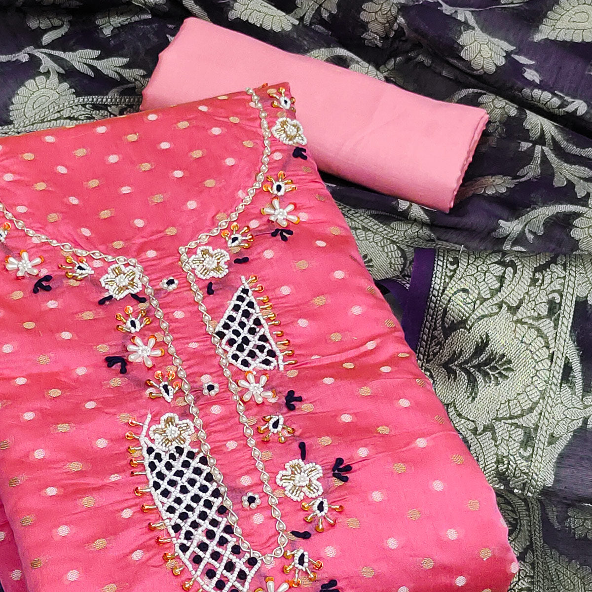 Pink Woven With Hand Embroidery Chanderi Dress Material